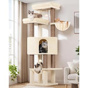 Globlazer Tall Cat Tree Tower for Large Adult Cats, Multi-Level Large 65 Inch Cat Scratching Tower with Hammock, 6 Scratching Posts, Basket and 2 Perches for Indoor Multiple Cats, F65D, Beige