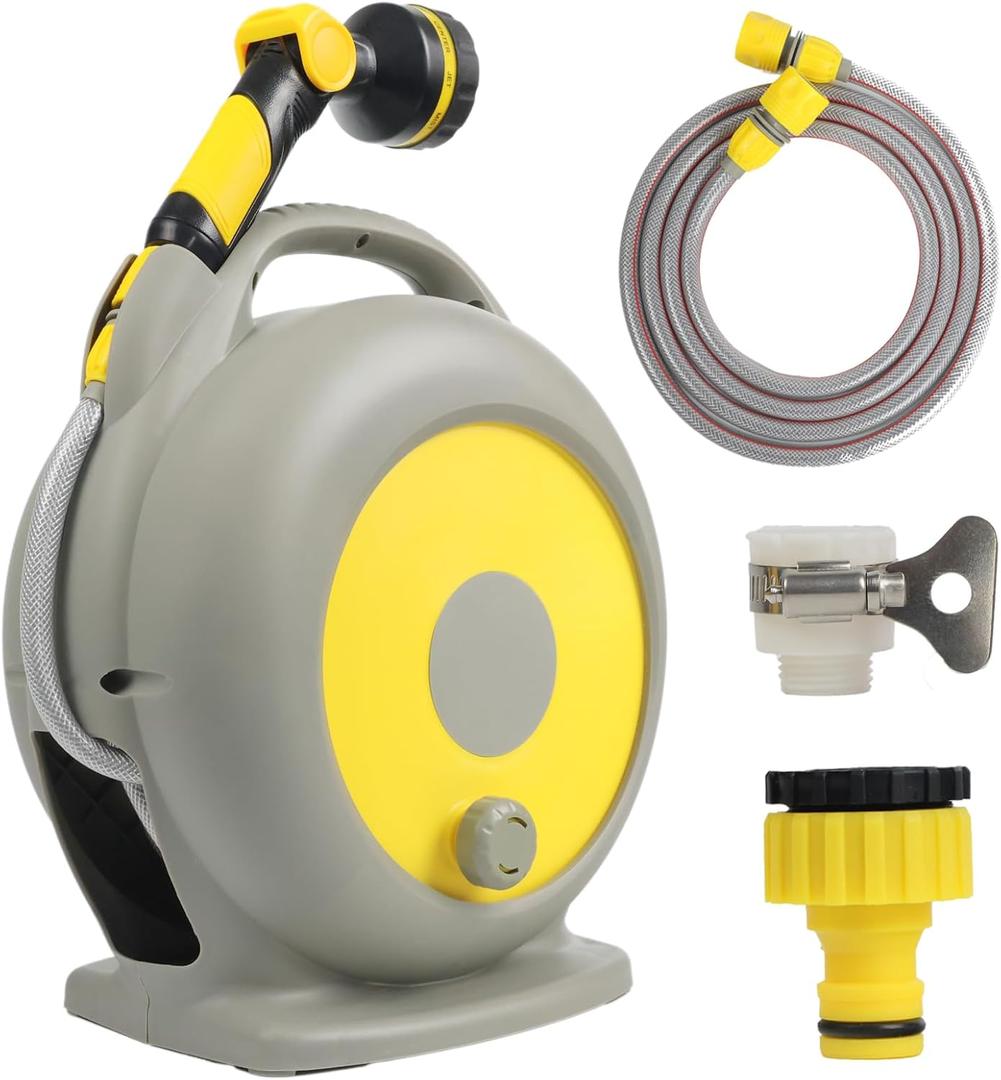 Garden Hose,Retractable Garden Hose Reel,66FT 10 Mode Nozzle,Lightweight,Flexible Tangle-Free Water Hose for Gardening,Car Washing,Pet Bathing,Durable,Leak-Proof&Easy Storage (1grey and Yellow)