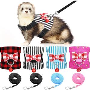 4 Pieces Small Pet Harness Vest and Leash Set with Cute Bowknot and Safe Bell Decor Chest Strap Harness for Outdoor Walking Rabbit Ferret Guinea Pig Bunny Hamster Puppy Kitten (Small)