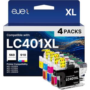 ejet LC401XL Ink Cartridges for Brother Printer MFC-J1010DW High Yield Compatible for Brother LC401 Ink Cartridges LC401 XL Work with MFC-J1170DW MFC-J1012DW MFC J1800DW 4-Pack