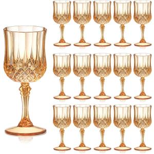 XUWAIDSGN 16 Pcs 7oz Plastic Vintage Wine Glasses Drinking Glasses Unbreakable Wedding Glassware Crystal Water Goblets Reusable Drinkware Vintage Champagne Flutes (16, Amber)