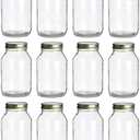 North Mountain Supply 32 Ounce Quart Glass Regular Mouth Mason Canning Jars - With Gold Safety Button Lids - Case of 12
