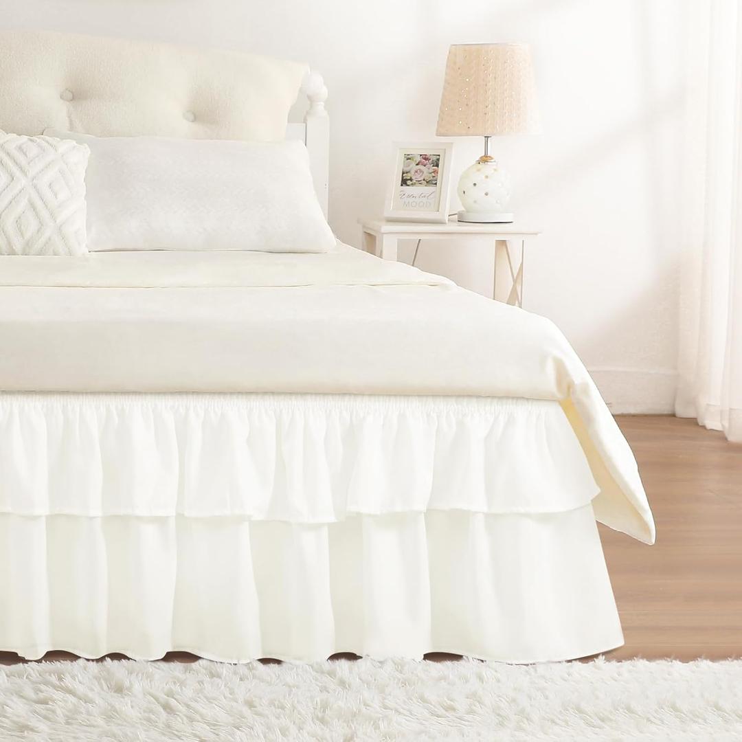 RIMELA Ruffle Bed Skirt Warm White Queen 15 Inch Drop, Elastic Wrap Around Bed Skirting Queen Size, Easy to Install Dust Ruffle, Machine Washable Soft Fabric, Multi Ruffle Bedskirt