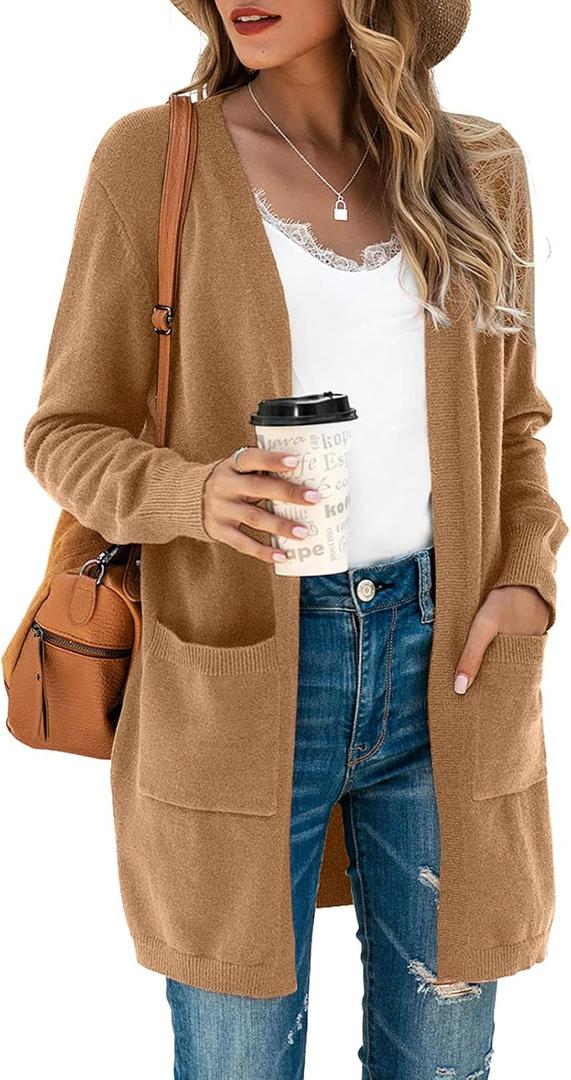 TASAMO Women's Kimono Cardigan Long Sleeve Open Front Casual Knit Sweaters Coat Oversized Soft Outwear with Pockets (X-Large, A-24 Light Brown)