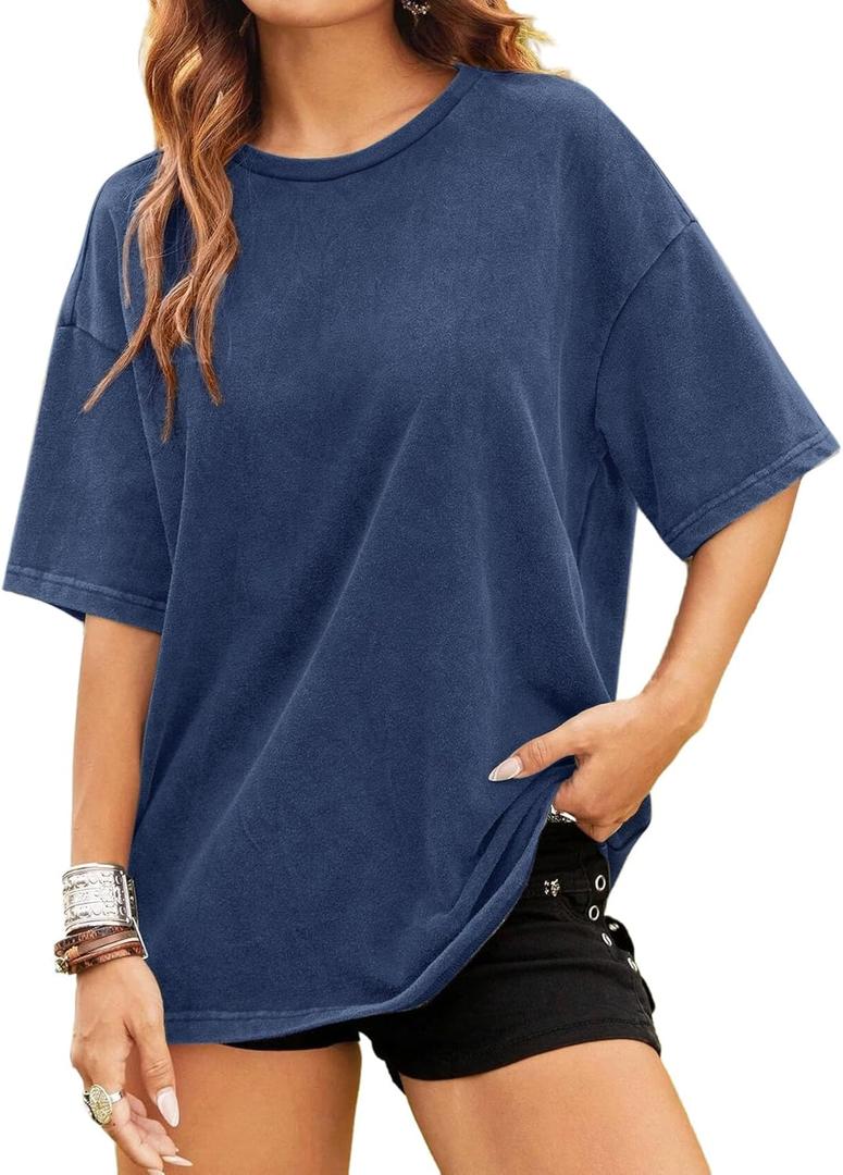 Remidoo Oversized Tshirts for Women Short Sleeve T Shirt Vintage Summer Loose Fit Tee Acid Washed Tops Blue Large (Blue, L)