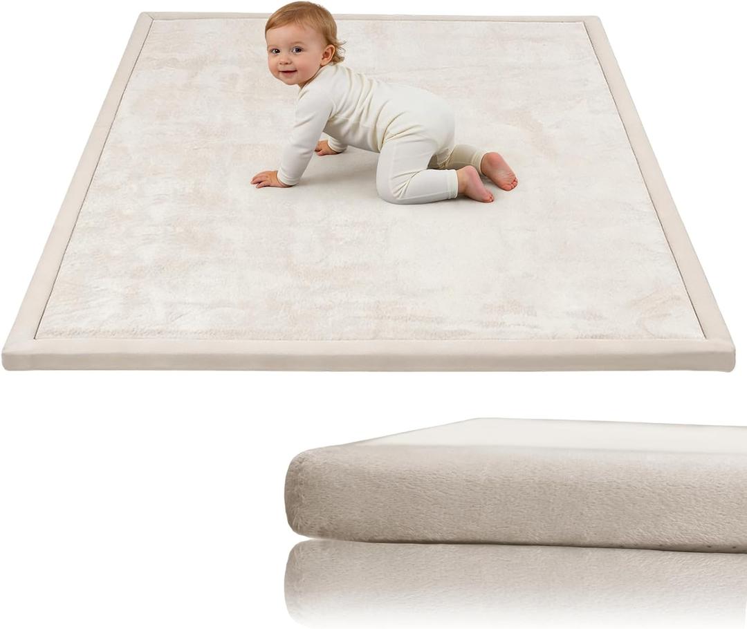 COLLACOCO Baby Play Mat for Floor, 39"x59" Playpen Mat, 1.3" Thick Memory Foam Tummy Time Mat, Soft Coral Velvet Nursery Rug, Easy-Care & Non-Slip Cushioned for Infants, Kids, Toddlers Crawling, Beige