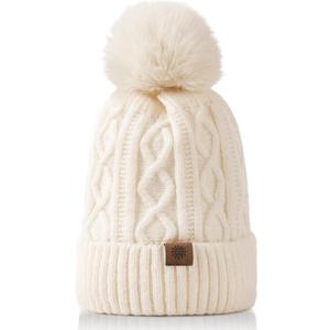 Avisky Womens Winter Knitted Beanie Hat with Faux Fur Winter Hats for Women Fur Pom Warm Knit Skull Cap Thick Beanie Hat (Diamond Pattern, Off-white)