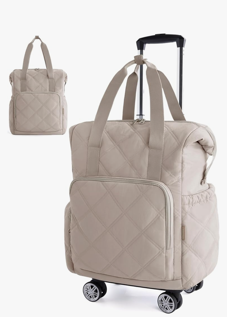 BAGSMART Rolling Duffle Bag with Wheels, 35L Carry on Travel Bag with Detachable Wheels, PVC Wet Pocket Duffle Bag with Handle, Camel