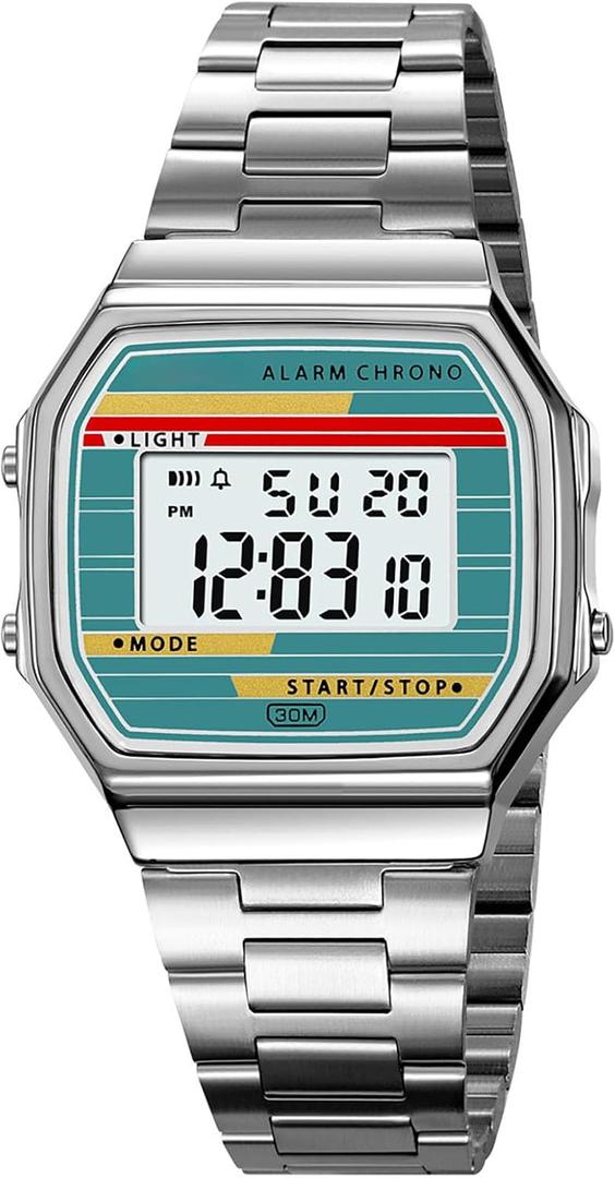 BESTKANG Retro Digital Watch Stainless Steel Band for Men Women | Alarm, Chrono, LED Light, 30M Waterproof, Vintage Electronic
