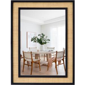Rectangle Rattan Mirror, 24"x32" Rattan Wall Mirror for Bathroom, Large Farmhouse Wooden Mirror with Handmade Wicker Frame, Decorative Boho Mirror for Nursery Bedroom Living Room Entryway Black