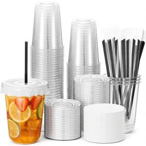 50 Set 16 oz Clear Plastic Cups with Lids, Straws, and Leak-Proof Paper, Disposable Plastic Iced Coffee Cup, Disposable Food Safe Coffees Cup for Cold Drinks, Coffee, Dessert Cups