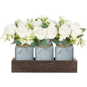Mkono Mason Jar Table Centerpiece Decorative Wood Tray with 3 Painted Jars Artificial Flowers Rustic Country Farmhouse Decoration for Coffee Table Dining Room Living Room Kitchen (Peony)