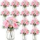 Zeyune 12 Sets Mason Jar Centerpiece Table Decorations, Artificial Peony Baby's Breath Flower Bouquets, Faux Flowers with Vase, Rustic Decor Gifts for Home, Wedding, Holiday (Coral Pink)
