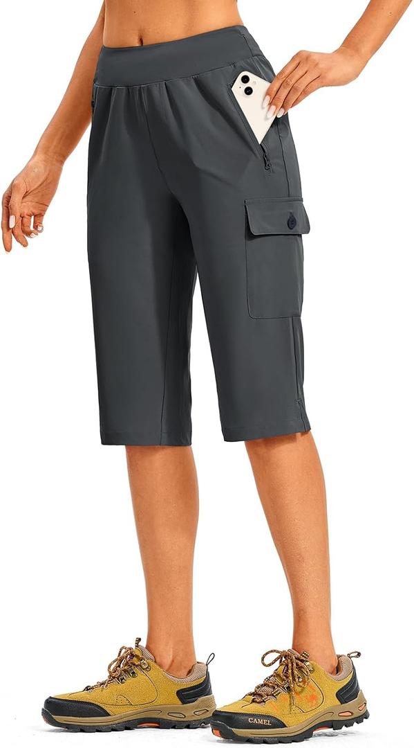 TBMPOY Womens 15" Long Hiking Shorts Below Knee Length Cargo Capri Bermuda Water Resistant Lightweight Stretch 3 Pockets (Black)