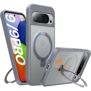 TORRAS 360Spin Magnetic Stand for Google Pixel 9 Pro Case/Pixel 9 Case, 12FT Military Protection, Compatible with Magsafe, Shockproof Translucent Slim Pixel 9 Pro Phone Case with Ring Holder, Grey