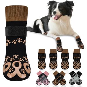 Anti Slip Dog Socks to Prevent Licking Paws - Double Side Paw Protectors Dogs Grip Sock for Hardwood Floors, No Twist Dog Booties Grippy Socks for Small Medium Large Senior Dogs, Black and Caramel, L (L(Pack of 4))