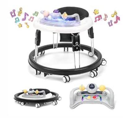 Baby Walker with Wheels, Music and Lights Baby Walker for Boys Girls 6-12 Months, Foldable Baby Walkers and Activity Center, Toddler Infant Walker with 7-Speed Height Adjustment, Detachable Plate, Black