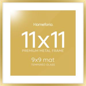 Homeforia 11x11 Gold Picture Frame, High-End Metal Square Frame 11 x 11 for Wall, Gold Photo Frame with Mat 9x9, Tempered Glass, Wall Kit, Set of 1