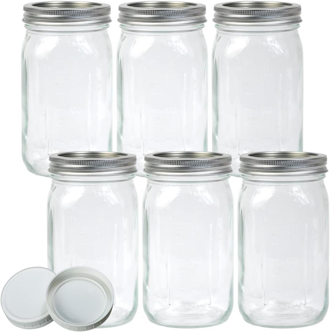 6 Pack 32 oz Mason Jars, Wide Mouth Mason Jars with Lids and Bands and 6 White Plastic Mason Jar Lids, Canning Jars for Overnight Oats, Food Storage, Dry Food, Snacks, Candies and More (Clear)