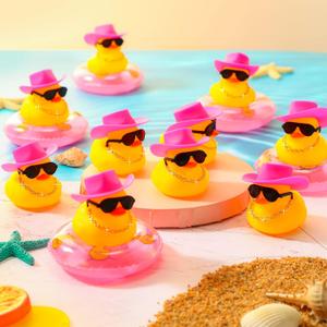 Sosation 12 Pcs Cowboy Rubber Duck Bulk Mini Car Yellow Duckies Bath Toys Party Favor with Mini Hat Swim Circle Necklace Sunglasses Car Ornaments for Summer Birthday Swimming Supplies (Classic Style)