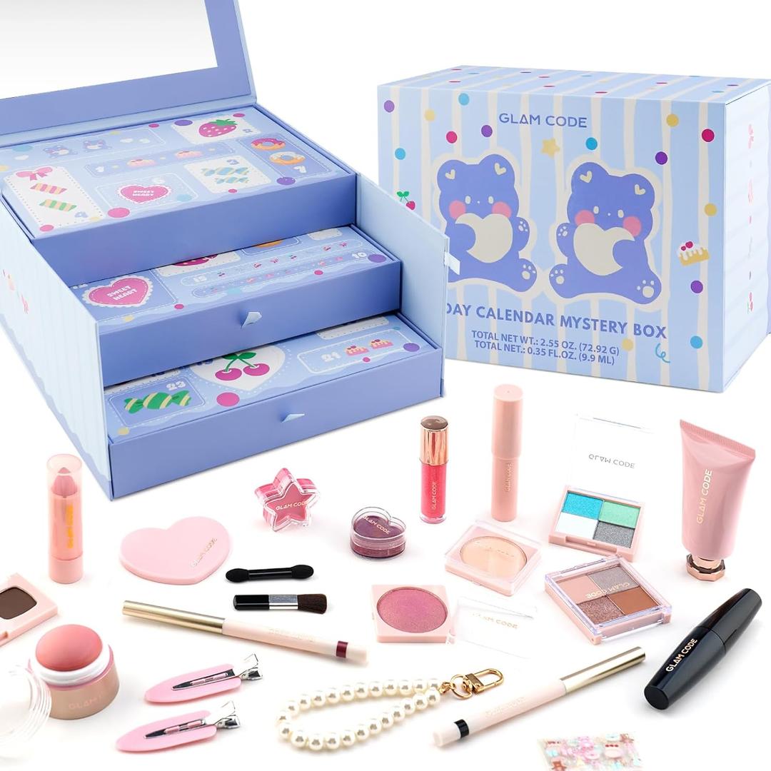 Glam Code Birthday Gift for Teen Girl, Makeup Kit for Teenager Girls, 24 Pcs Makeup Gift Set for Girls, Birthday Advent Calendar #Blue