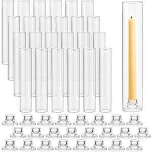 Teenyyou 24 Set Glass Hurricane Candle Holders 11.8" Open Ended Glass Candleholder Tube Shape Bottomless and 1.26" Taper Clear Candlestick Holders for Wedding Party Table Centerpiece