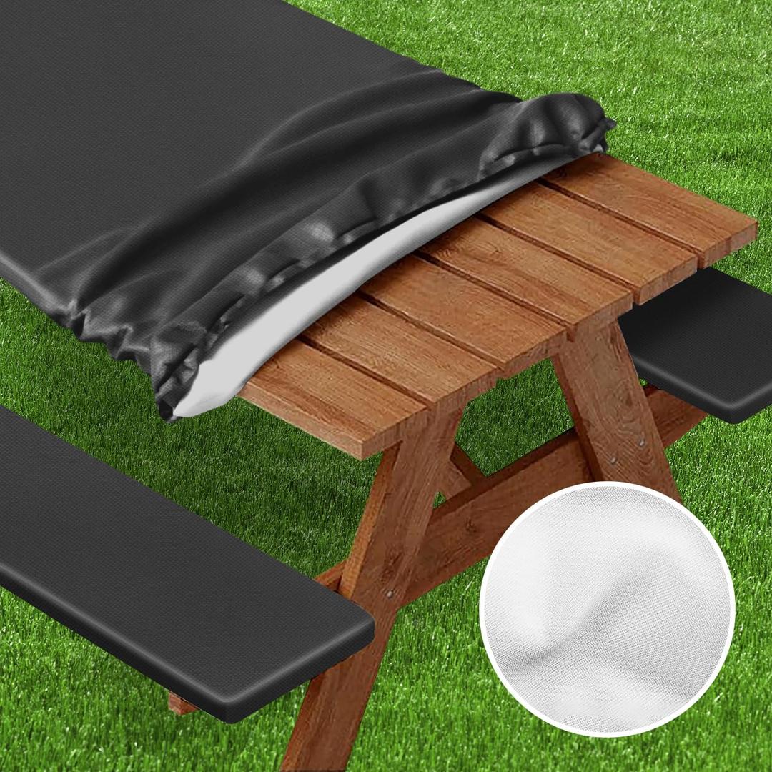 Picnic Table Cover with Bench Covers Elastic Edges, Vinyl with Flannel Back, Fitted 6 Foot Rectangle Tables 30"x 72", Waterproof Windproof Wipeable Resistance to Fading (Pure Black)