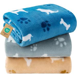 Luciphia 1 Pack 3 Blankets, Cute Dog Printed Fluffy Fleece Pet Blanket for Dogs Cats Washable, Warm Soft Throw Cover for Crate Couch, Gifts Puppy Essentials, Blue/Grey/Khaki, Small (23x16 inch)
