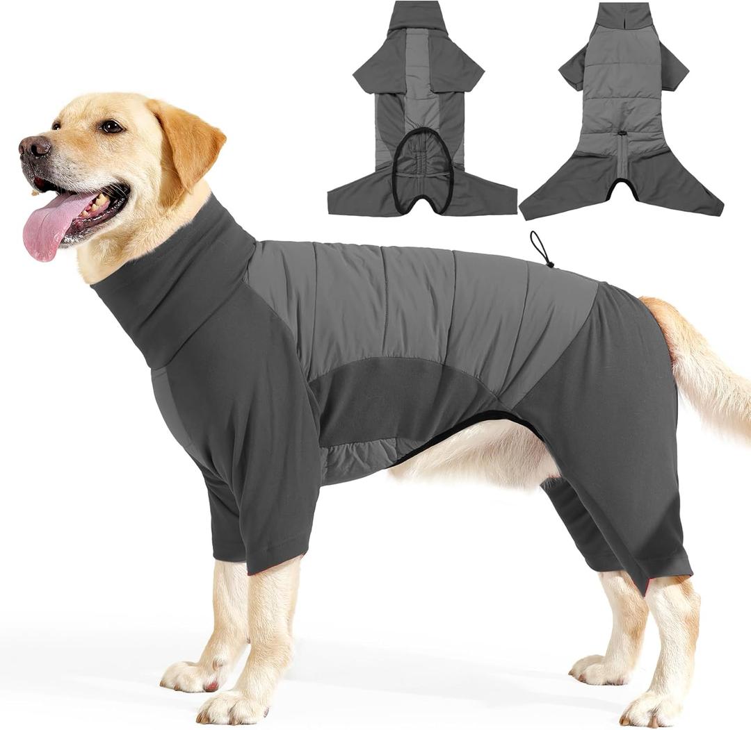 Dog Coats for Large Dogs Winter Waterproof, Full body Clothes Jumpsuit, Cold Weather Coats Pajamas, Four-Legged Snowsuit with Leash Hole, Large Dog Fleece Vest, L Grey