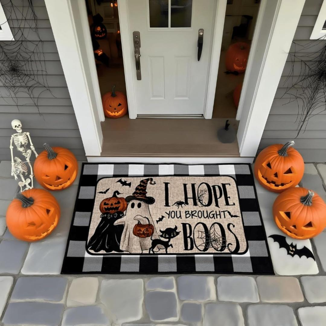 Halloween Decorations Doormat, Halloween Welcome Mat Set of 2, I Hope You Brought Boos Doormat, Black and White Buffalo Check, Ghost and Pumpkin Design, 17x29 Inch-23x35 Inch