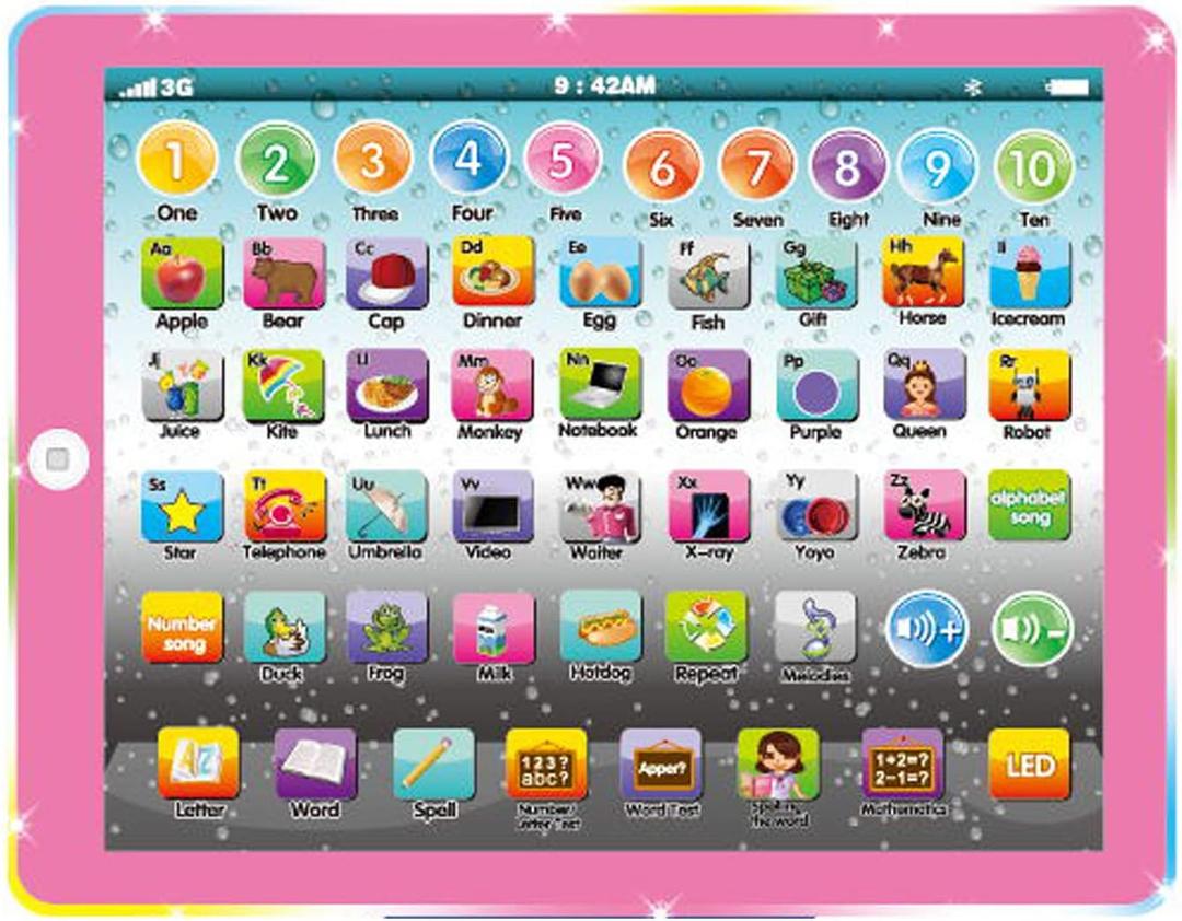 Wenbeier Kids Tablet Learning Pad Toddler Tablet with ABC Word Song Music Number Electronic Interactive Toy for Educational Preschool Boys & Girls 3 4 5 Years Old (Pink)