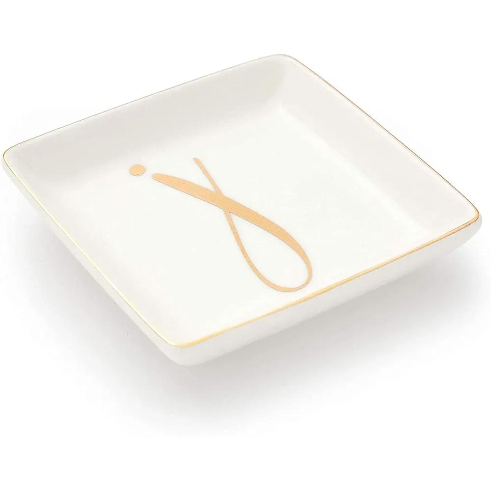 Letter J Ceramic Trinket Tray, Monogram Initials Jewelry Dish (4 x 4 Inches)