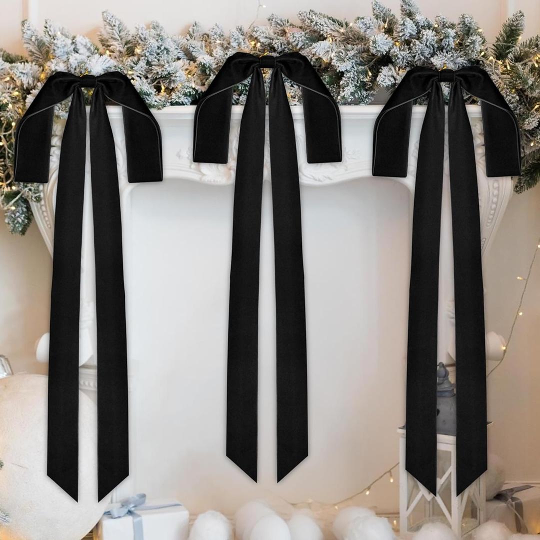 Aneco 6 Pieces Large Black Velvet Christmas Bows 35 x 16 Inch Christmas Swag Bow Pre Tied Fence Staircase Wreath Bows Holiday Tree Topper for Xmas Home Door Outdoor Decorations