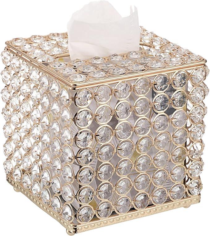 Sumnacon Crystal Square Tissue Box Cover - Sparkling Glass Cube Tissue Box Holder, Decorative Facial Tissue Holder for Bedroom Bathroom Vanity Dresser Night Stand Table Office Home Decor, Gold