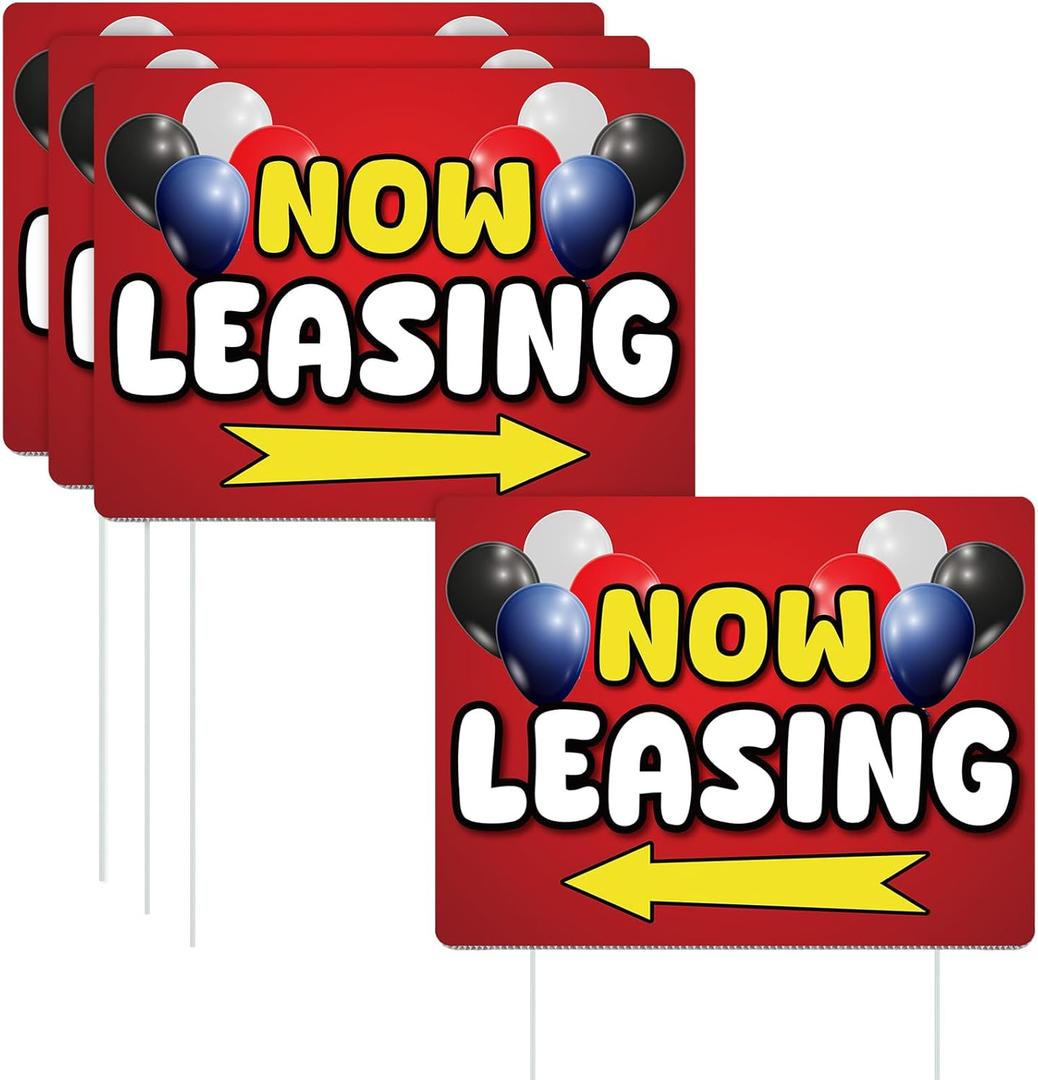 Ripeng 3 Pcs Leasing Double Sided Yard Signs with Arrow 16 x 12 Inch Yard Signs with Stakes for Outdoor Office Retail Store Restaurant Bar Hotel (Now Leasing)