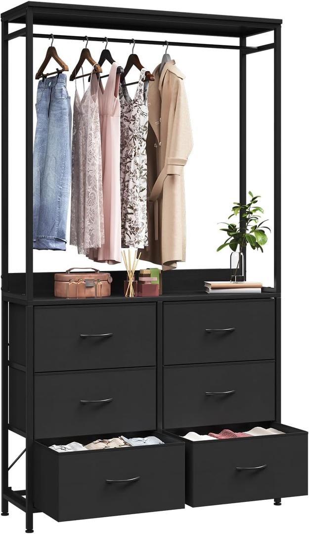 6 Dresser Drawer with Hanging Rack, 2-in-1Tall Dresser for Bedroom/Closet, Fabric Dressers & Chests of Drawers, Sturdy Alloy Steel Frame, Space Saving Closet Organizer (Black)