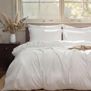 DORMORA Duvet Cover Set Queen Size Silky Soft Cooling, Rayon Blend from Bamboo, Breathable Durable Bedding for All Seasons, Include 1 Duvet Cover 90"x90" with Zipper & 2 Pillowcases, Bright White