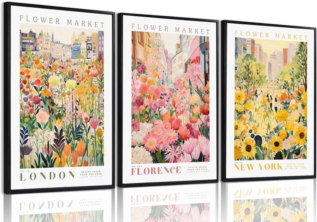 XLARTMY Flower Market Wall Art Print Canvas Yellow Pink Floral Paintings Colorful Botanical Sunflower Artwork Travel Poster for Decor Picture 3 pieces for Living Room Bedroom Bathroom 12x16in Unframed