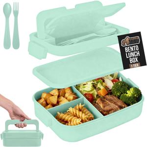GORILLA GRIP BPA-Free Leakproof Bento Lunch Box for Women, Men, Kids, On-the-go Easy to Carry Handle, Microwave Safe Hot or Cold Food Container, Lid Includes Built-In Utensil Set, 1 Tier Style, Mint