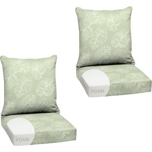 Arden Outdoor Foam Deep Seat Cushion Set (2-Pack), 24x24, Premium High-Density Foam, Never Flattens, Weather-Proof for Patio Chair Sofa Couch, Coastal Green Leaf