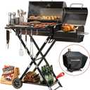 Portable Charcoal Grill with Smoking Function, Foldable Suitcase Design with Wheels, Multi-Tier Storage Rack & Waterproof Cover for Outdoor BBQ Parties (Black)