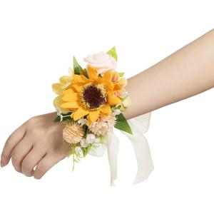 Ling's  Moment 2pcs Prom Wrist/Shoulder Corsage Artificial Flower, Girl/Mother Homecoming/Wedding Corsage Wristlet Dcor, etc. Sunflower Yellow