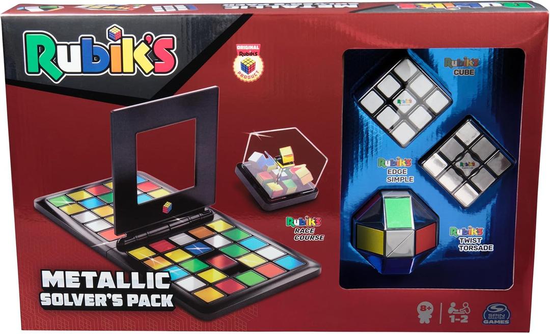 Rubiks Metallic Solvers Pack, Rubiks Cube Edge Twist Race Game in Metallic Finish 3D Puzzle Brain Teaser Retro Fidget Toy Board Game, for Ages 8+