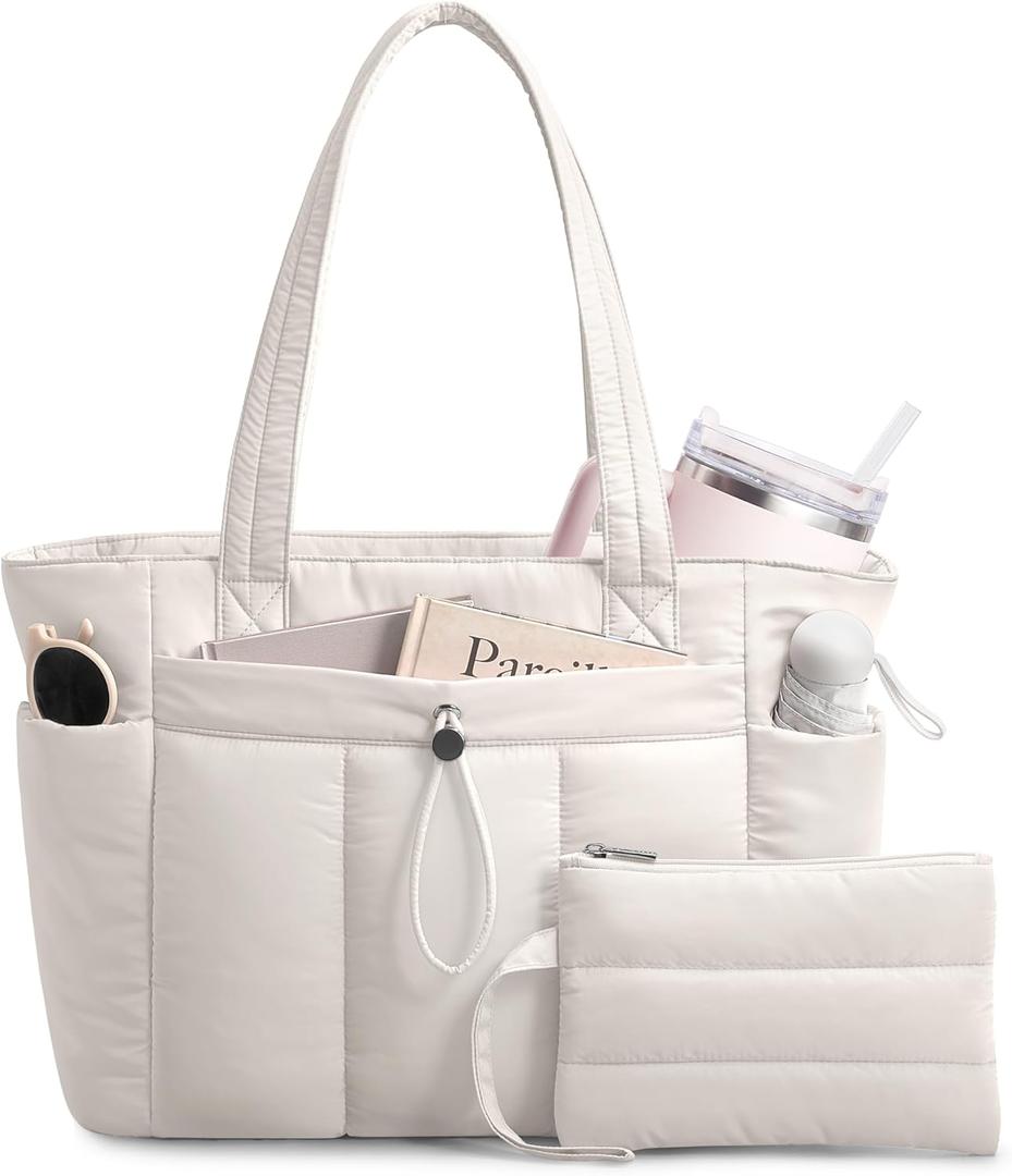 TOPDesign Puffy Tote Bag for Women with Cup Holder & Laptop Compartment & Cosmetic Bag & Trolley Sleeve for Work, Travel (Medium, Light White)