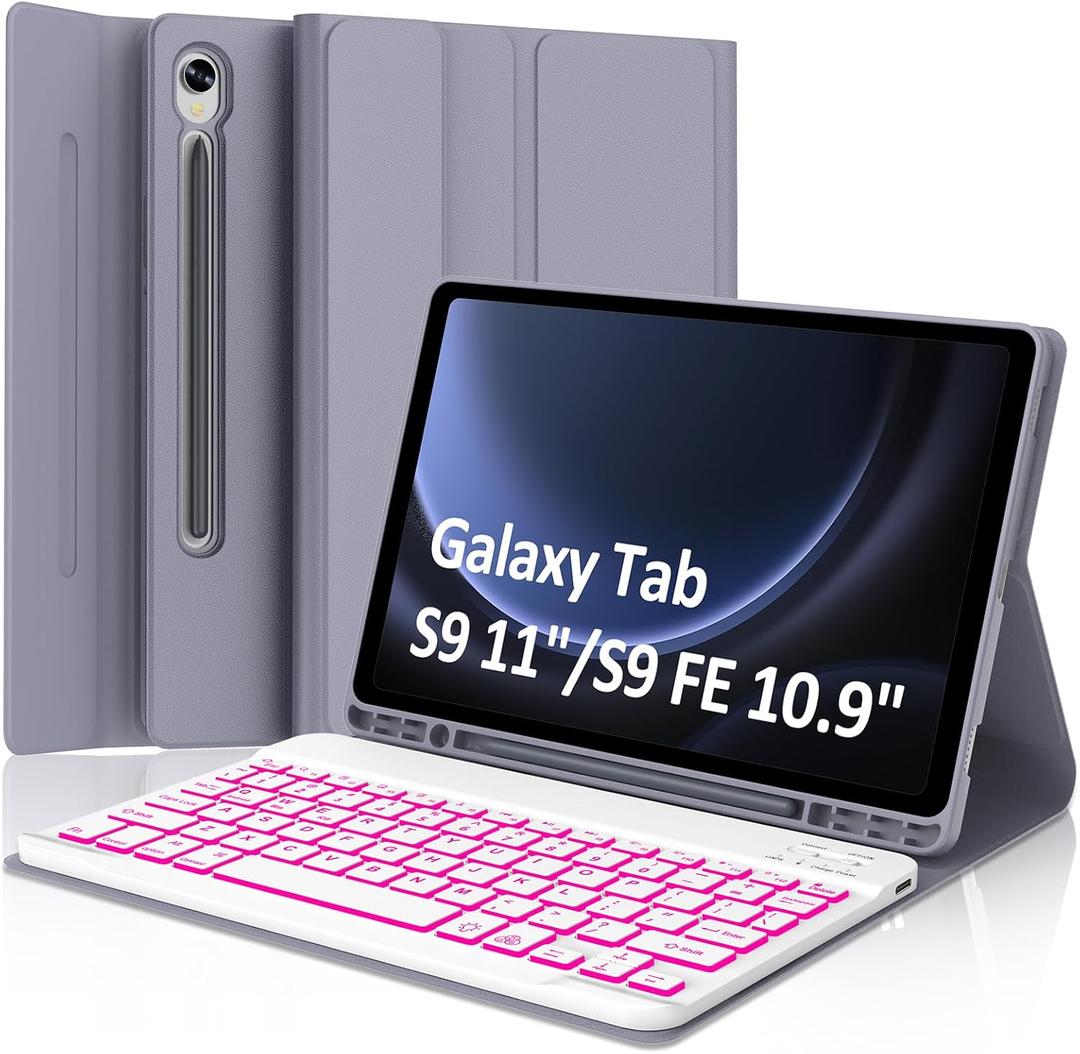 FARYODI Keyboard Case for Samsung Galaxy Tab S10 FE 5G 10.9 inch 2025/ S9 FE 10.9" 2023/S9 11 Inch 2023,7 Colors Backlit Detachable Wireless Keyboard,Smart Folio Cover with S Pen Holder,Purple