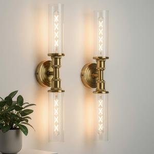 Ken & Ricky 24In Wall Sconces Set of Two, Brushed Gold Bathroom Sconces Wall Lighting with Clear Glass, Vanity Lights for Bathroom Bedroom Living Room Hallway KR3376-W-BG-2PK
