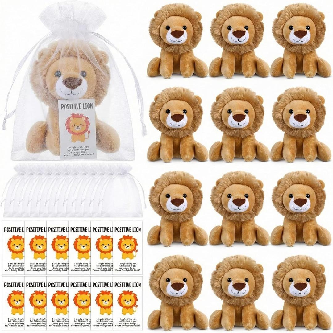 Blueweenly 36 Pcs Lion Plush 6 Inches with Organza bag and Cards Cuddly Lion Stuffed Animal Small Stuffed Animals Bulk for Birthday Favors Gifts Forest Decor Birthday