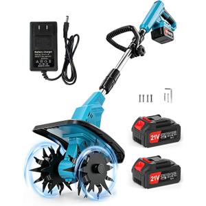1200W Cordless Garden Tiller Cultivator, Brushless Electric Tiller with Powerful 4-Blade Design, 2 * 21V Batteries, 9" X 7" Tilling Reach, Foldable Hand Tiller for Hard Soil, Lawns, Raised Beds