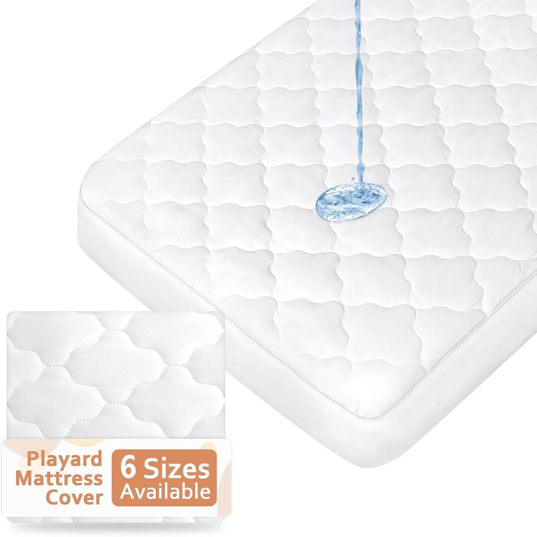 Pack and Play Mattress Pad (6 Sizes), Compatible with Graco Pack and Play On The Go Playard and Portable Playard, Pack and Play Sheets Fitted Waterproof Protector Cover Soft Quilted (Gray)