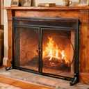 Fire Beauty Fireplace Screen with Magnetic Doors, Handcrafted Wrought Iron Classical Scroll Durable Metal Mesh, Decorative Free Standing Fireplace Spark Guard- Black